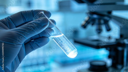 Obraz na plátně Scientist Holding Test Tube with Glowing Liquid in Lab