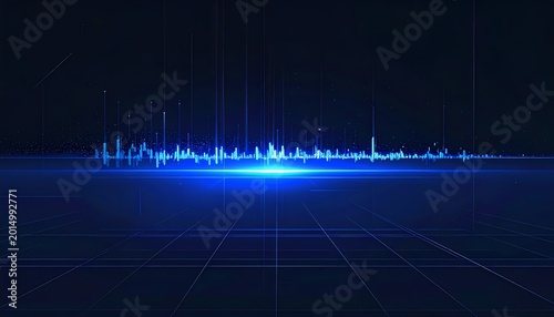 Futuristic digital data visualization with blue neon lights and horizon line