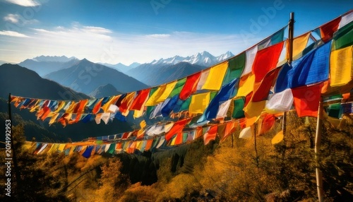 Colorful prayer flags flutter against a stunning mountain backdrop.