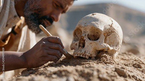 Human evolution fossil discovery in arid Ethiopian highland excavation site, paleoanthropologist brushing sediment from ancient skull fragment, archaeological dig, field science,