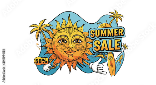 Summer sale discount sign with sun.