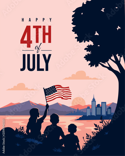 happy 4th of july celebration with family and cityscape illustration