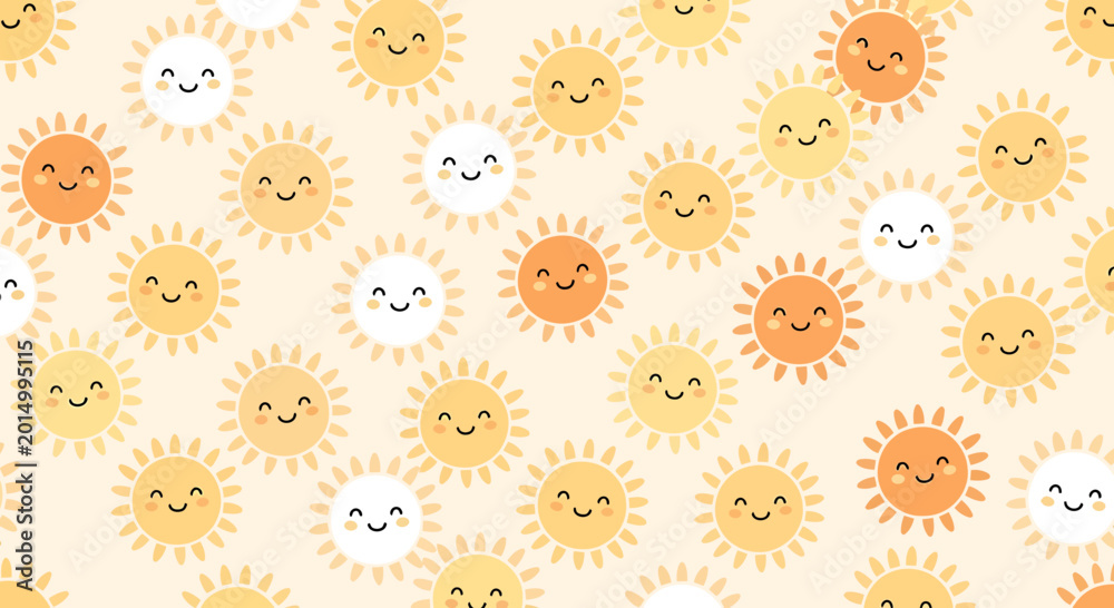 Fototapeta premium Cute Sun Pattern: Cheerful Yellow and Orange Suns with Happy Faces on a Soft Background