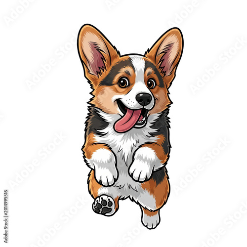 Corgi dog happily runs towards viewer with tongue out smiling face and floppy ears in a playful cartoon illustration with cute expression and furry texture.