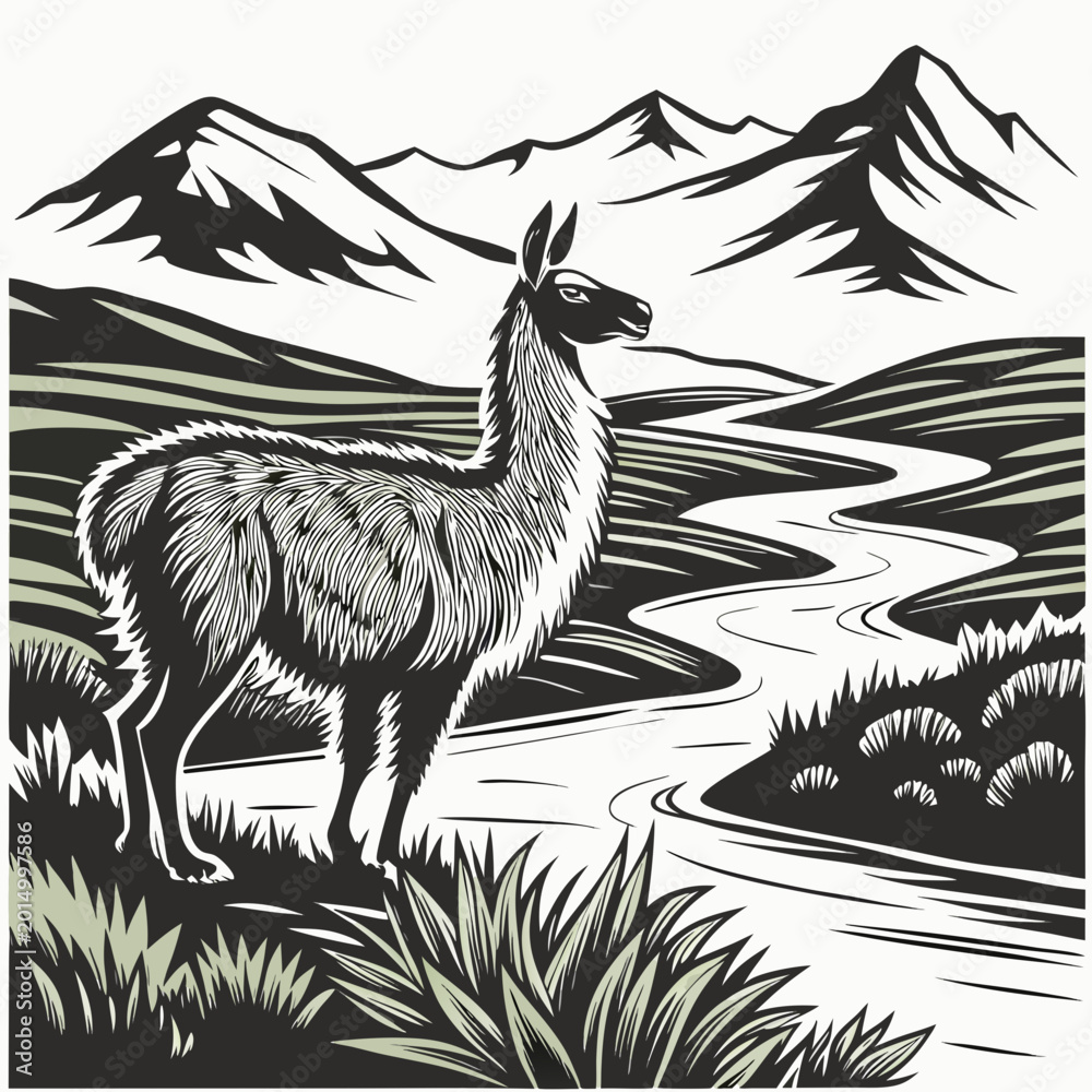 Fototapeta premium Stylized illustration of a llama in a green and black mountainous landscape
