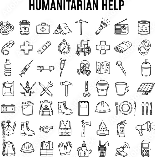 Humanitarian Help and Disaster Relief Outline Icons Set: Essential Equipment for Emergency Aid, Survival, First Aid, and Crisis Response