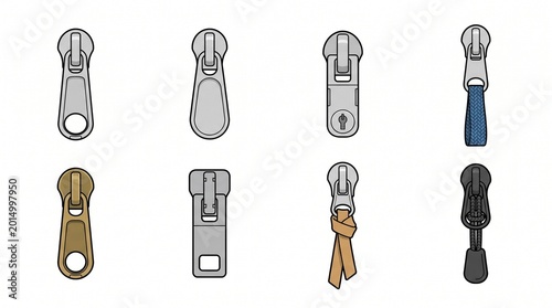 Collection of various zipper pullers and sliders, essential accessories for clothing and bags, isolated on a white background.
