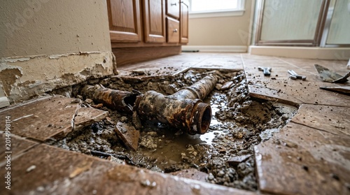 metal pipe and stagnant water Exposed pipe under broken tile shattered ceramic floor tiles, highlighting a major household plumbing emergency.