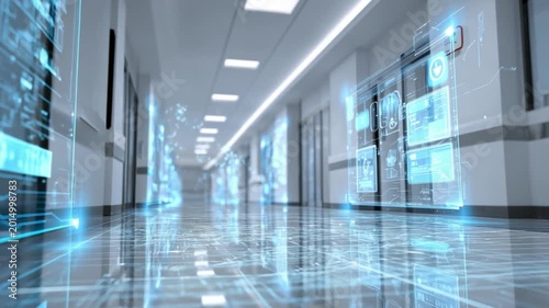 Digital Realm: A futuristic hospital hallway with advanced technology integrated, creating a sense of innovation and progress, bathed in a cool, calming blue light.