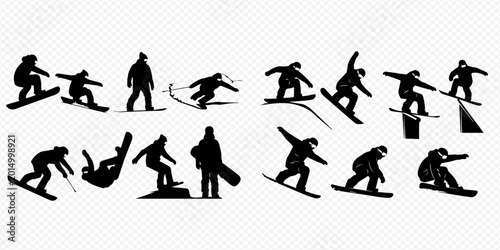 Foto Set of snowboarder silhouettes in various poses and actions, depicting winter sports and extreme activities