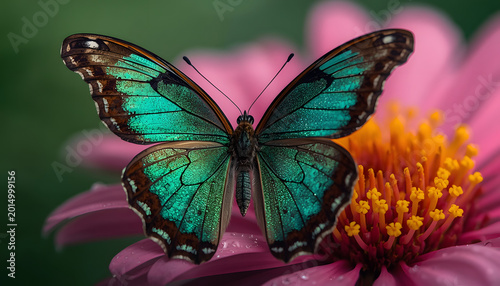 Emerald butterfly displaying iridescent teal wings in macro sharp focus for biological science presentation