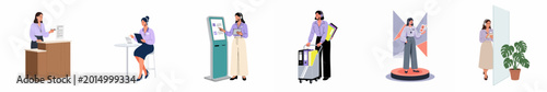 Set of professional women in various office and customer service roles like reception, administrative support, and information desk tasks, flat vector illustration.