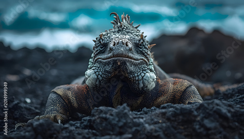 Marine iguana resting in isolated macro view with sharp focus for commercial wildlife advertising