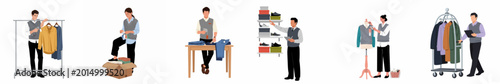 Fotografie Illustrations of retail staff performing various clothing store tasks like inventory management, tagging products, organizing merchandise, and scanning items for sale