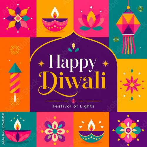 Happy Diwali — Indian Festival of Lights. Festive illustration and lettering for holiday posters, greeting cards, banners, flyers, covers, branding, and social media designs