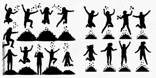 Bild auf Leinwand Set of silhouettes of people jumping and playing in piles of small objects, expressing joy and excitement