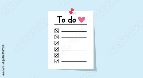 White paper pinned to a light blue wall with a list titled to do featuring checkboxes, lines, and a small pink heart decoration.