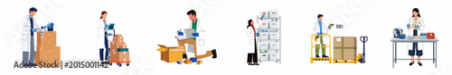 Healthcare logistics and medical warehouse professionals managing inventory, scanning barcodes, and organizing pharmaceutical supplies in a clean, professional setting.