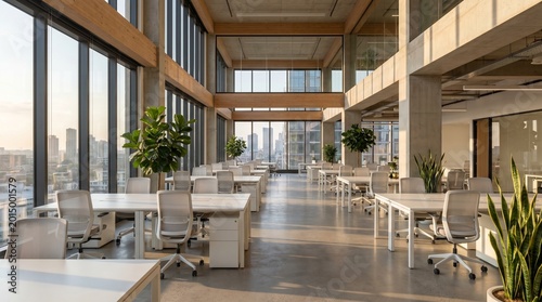 Modern office workspace with white desks and chairs near large windows overlooking city skyline