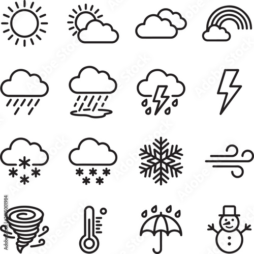 Weather forecast icons for sunshine rain snow storm and temperature