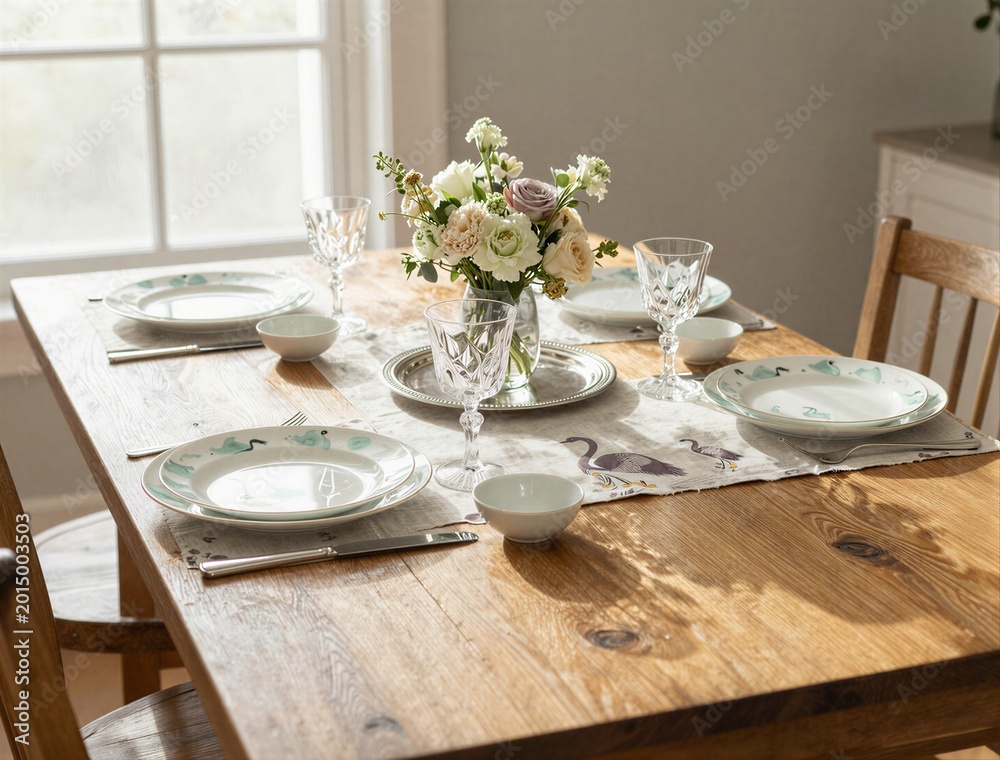 Fototapeta premium Rustic dining table set for meal with floral centerpiece