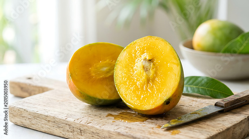 Fresh ripe mango halves on a wooden cutting board