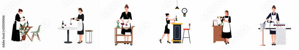 Obraz premium Set of professional waitresses and sommeliers in black uniforms serving red wine at various restaurant settings in a flat vector illustration style.