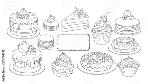 Hand drawn collection of cakes cupcakes macarons and donuts strawberry