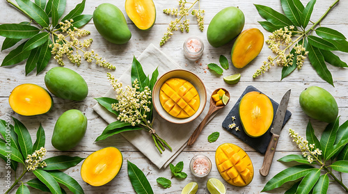 Fresh mangoes with leaves and flowers on a wooden table