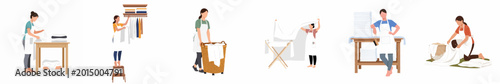Set of flat vector illustrations depicting people performing various laundry tasks like folding, hanging, and carrying clothes in a laundry room.