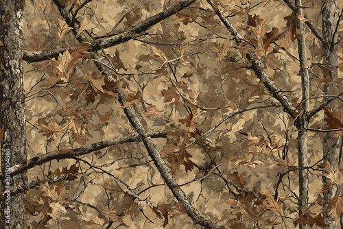 Realistic military hunting camouflage pattern with forest tree branches background