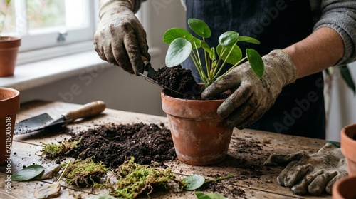 Hands repotting young plant into terracotta pot with soil on wooden table