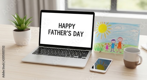 Happy father s day laptop with greeting coffee and phone celebrating dad