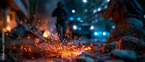 The sparks from the fire in the foreground and the blurred figures with weapons in the background create a harrowing backdrop for content relating to military conflicts, street unrest and emergencies.