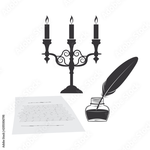Black and white vintage writing scene with an old handwritten letter, ink bottle and candle holder vector
