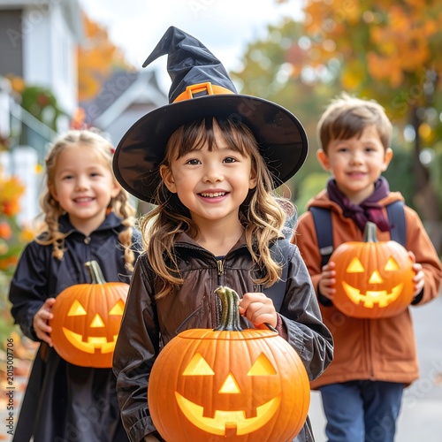 Three children in Halloween costumes holding jack-o-lanterns on a suburban street