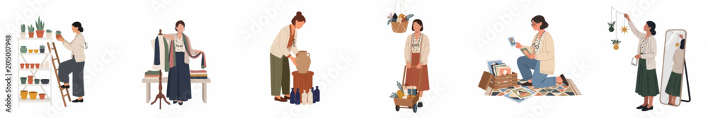 Fototapeta premium Set of illustrated women working in various creative retail environments like plant shops, boutiques, art galleries, and home decor stores.