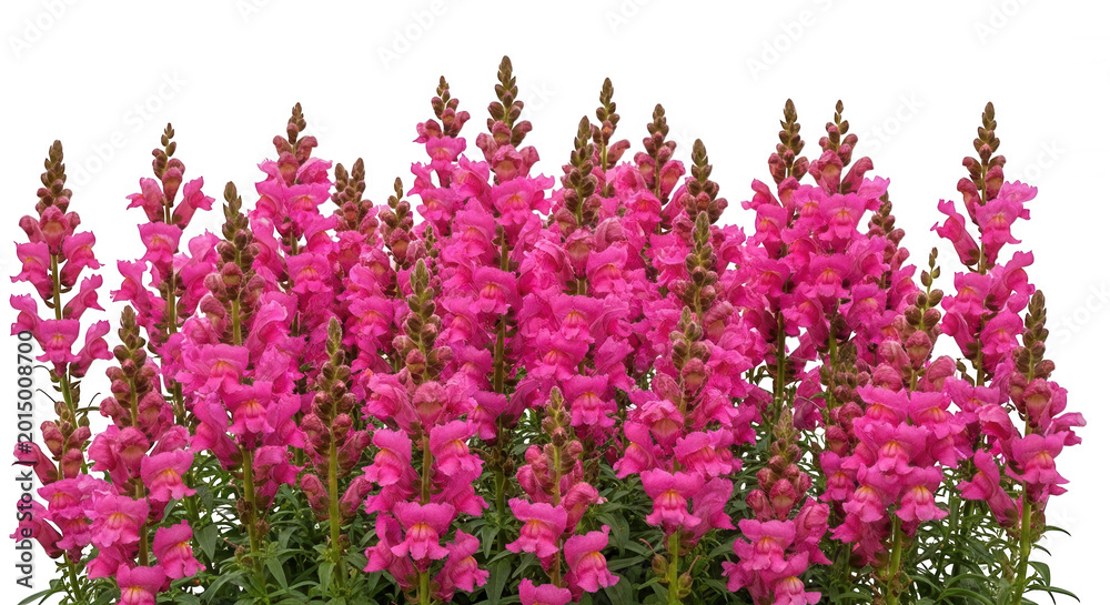 Obraz premium A cluster of vibrant pink snapdragon flowers with green stems and leaves isolated against a solid black background, close-up view