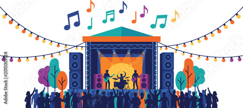 Vibrant outdoor music festival scene with a live band performing on stage illuminated by stage lights and surrounded by cheering crowd silhouettes colorful trees and festive string lights