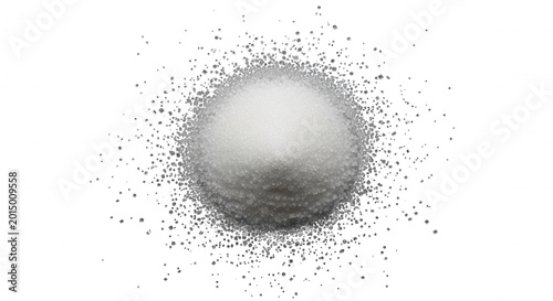 A conical pile of white granulated sugar crystals isolated on a solid black background, viewed from directly above in a top-down perspective