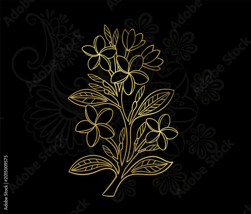 Plumeria flower hand drawn vector ink traditional oriental asian Indian design isolated black gold