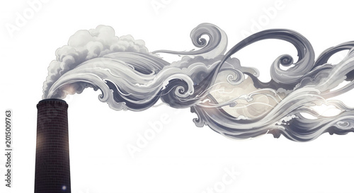A dark industrial chimney stack emitting thick, swirling plumes of gray and white smoke against a solid black background