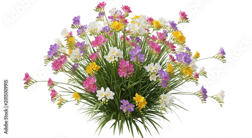 A dense bouquet of colorful freesia flowers featuring white, yellow, pink, and purple petals with green stems isolated on a black background