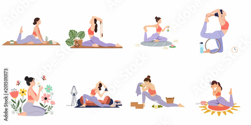 Collection of flat vector illustrations featuring a young woman practicing various yoga poses and mindfulness exercises with accessories in serene indoor and outdoor settings.