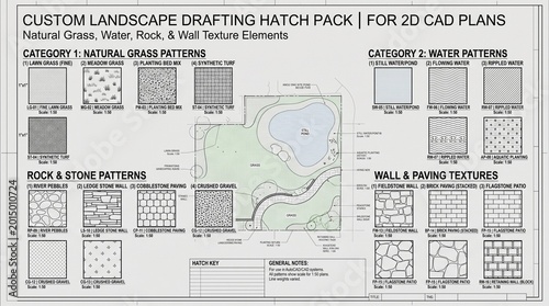 Comprehensive collection of professional landscape drafting hatch patterns for two dimensional cad plans featuring grass water rock and wall textures designed specifically for architects and landscape