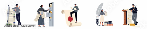 Set of flat illustrations featuring legal professionals and clerks managing documents, signing contracts, and archiving files.