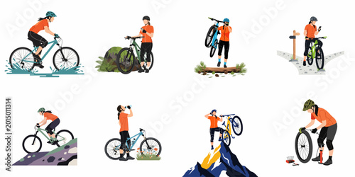 Set of female mountain biker illustrations showcasing various cycling activities including riding through water, climbing, navigating, resting, and performing bike repairs on trails.