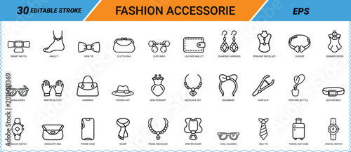 Fashion Accessories line art icon set. Smart watch, jewelry, handbag, sunglasses, necklace, earrings, belt, scarf, hat, gloves, wallet, perfume, travel suitcase icons. Vector EPS.