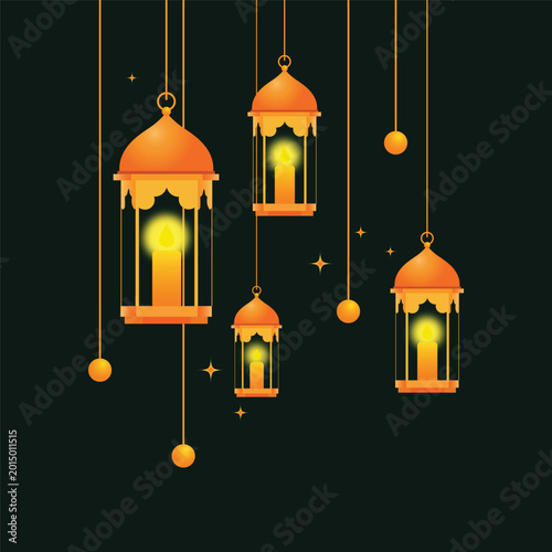 olden Ramadan lanterns hanging with glowing candles on dark background. Islamic traditional hanging lanterns for Ramadan Kareem or Eid celebration. Set of decorative Arabic lanterns with stars 