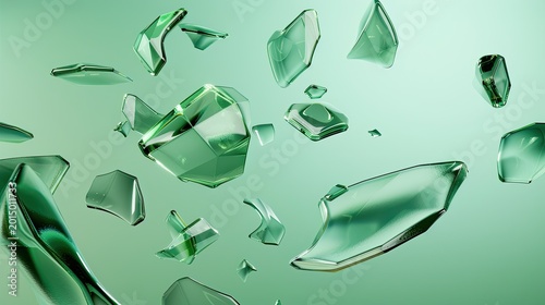 3D render of floating transparent green glass shard and crystal fragments, set against a soft gradient mint background with smooth light transition, showing varied sizes, sharp edges, natural depth